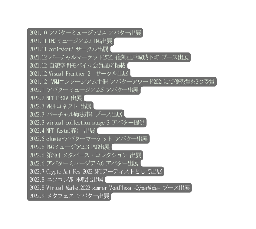 2021 10 アバターミュージアム4 アバター出展 2021 11 PNGミュージアム2 PNG出展 2021 11 comicvket2 サークル出展 2021 12 バーチャルマーケット2021 復刻江戸城城下町 ブース出展 2021 12 自遊空間モバイル会員証に掲載 2021 12 Visual Frontier 2 サークル出展 2021 12 VRMコンソーシアム主催 アバターアワード2021にて優秀賞を2つ受賞 2022 1 アバターミュージアム5 アバター出展 2022 2 NFT FESTA 出展 2022 3 VRFFコネクト 出展 2022 3 バーチャル魔法市4 ブース出展 2022 3 virtual collection stage 3 アバター提供 2022 4 NFT festa 春 出展 2022 5 clusterアバターマーケット アバター出展 2022 6 PNGミュージアム3 PNG出展 2022 6 第3回 メタバース コレクション 出展 2022 6 アバターミュージアム6 アバター出展 2022 7 Crypto Art Fes 2022 NFTアーティストとして出展 2022 8 ニソコンVR 本戦に出場 2022 8 Virtual Market2022 summer VketPlaza CyberMode ブース出展 2022 9 メタフェス アバター出展