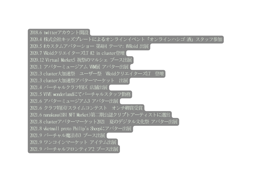 2018 6 twitterアカウント開設 2020 4 株式会社キッズプレートによるオンラインイベント オンラインハシゴ 酒 スタッフ参加 2020 5 カスタムアバターショー 第4回 テーマ VRoid 出展 2020 7 VRoidクリエイターズLT 2 in cluster登壇 2020 12 Virtual Market5 祝祭のマルシェ ブース出展 2021 1 アバターミュージアム VRM展 アバター出展 2021 3 cluster大加速祭 ユーザー祭 VRoidクリエイターズLT 登壇 2021 3 cluster大加速祭アバターマーケット 出展 2021 4 バーチャルクラフ特区 店舗出展 2021 5 VIVE wonderlandにてバーチャルスタッフ勤務 2021 6 アバターミュージアム3 アバター出展 2021 6 クラフ特区Fスライムコンテスト オンチ卿賞受賞 2021 6 nanakusa SBI NFT Market 第二期公認クリプトアーティストに選出 2021 8 clusterアバターマーケット2021 夏のデジタル文化祭 アバター出展 2021 8 vketmall proto Philip s Sheepにアバター出展 2021 9 バーチャル魔法市3 ブース出展 2021 9 ワンコインマーケット アイテム出展 2021 9 バーチャルフロンティア2 ブース出展